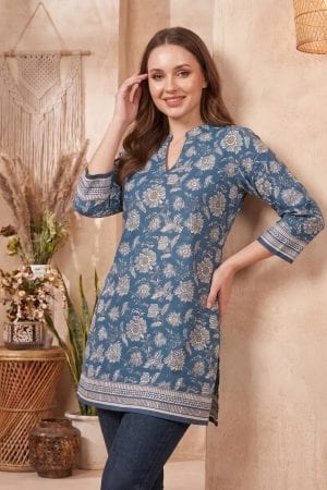 Indigo Blue Jaipuri Print Cotton Short Kurti with Band Collar – styled view