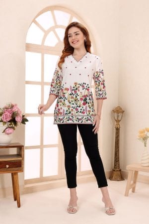 Cream Cotton Short Kurti with Floral Border Print – front view