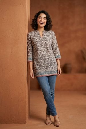 Beige Jaipuri Print Cotton Short Kurti with Band Collar – front view