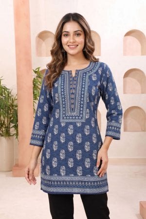 Indigo Cotton Short Kurti with Botanical Block Print – front view