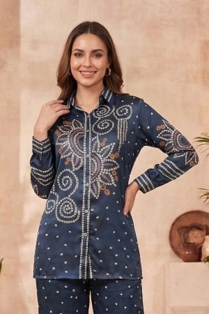 Midnight Blue Modal Crepe Silk Bandhani Print Shirt with Collar – front view