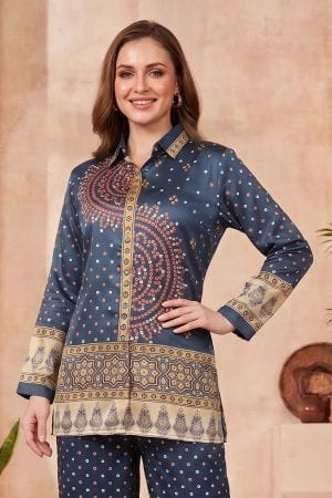 Midnight Navy Modal Crepe Silk Bandhani Shirt with Front Motif – front view