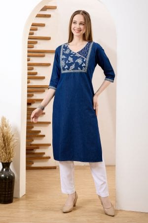 Yoke Print Denim Kurti with Hand Embroidery – front view