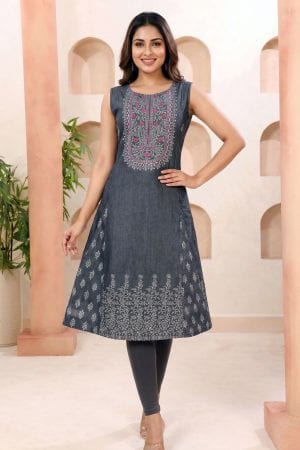 Black Denim Sleeveless Flared Kurti with Thread Work – front view