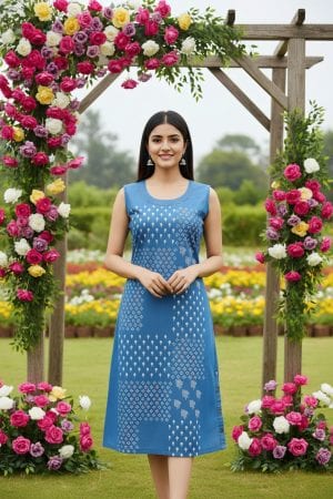 Light Blue Denim Dress with Print and Embellishment – front view