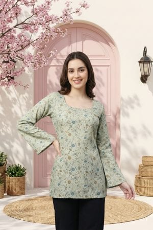 Pista Green Jaipuri Print Kurti with Long Sleeves – front view