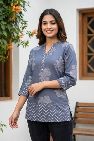 Grey Printed Rayon Short Kurti with Ban Collar – front view