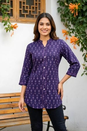 Dark Blue Printed Rayon Short Kurti with Front Placket – front view