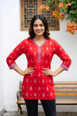Red Rayon Short Kurti with Ethnic Motif Print and V Neck – front view