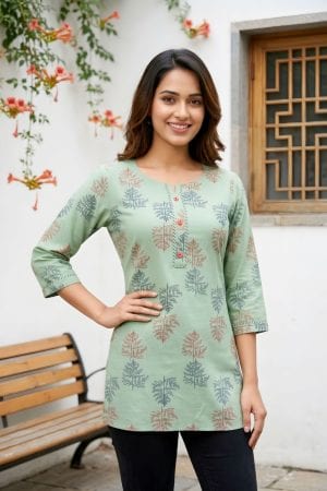 Pista Green Rayon Short Kurti with Ethnic Motif Print – front view