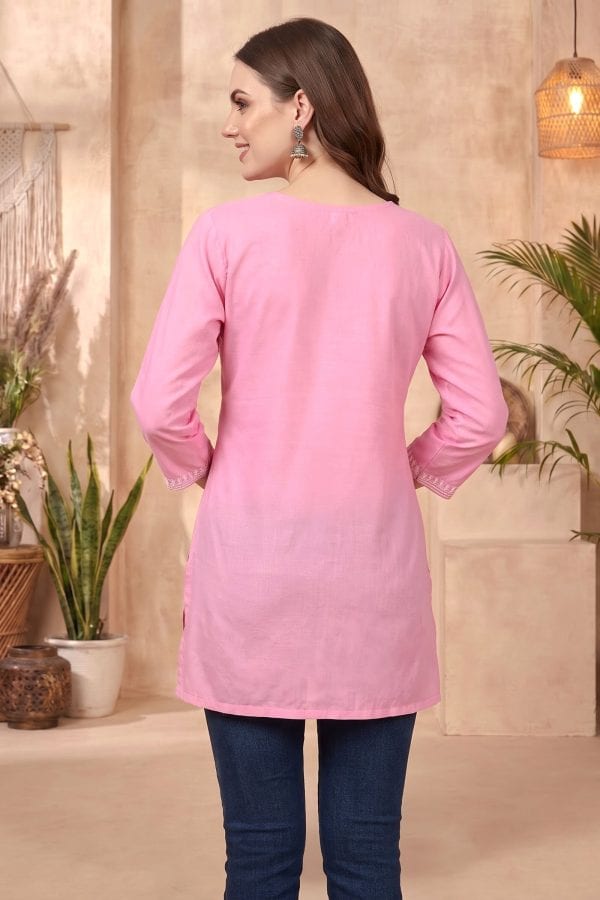 Pretty Pink Rayon Chikankari Short Kurti with White Floral Embroidery – back view