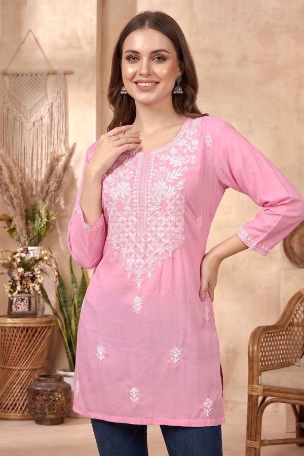 Pretty Pink Rayon Chikankari Short Kurti with White Floral Embroidery – styled view