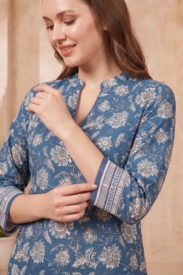 Indigo Blue Jaipuri Print Cotton Short Kurti with Band Collar – close-up
