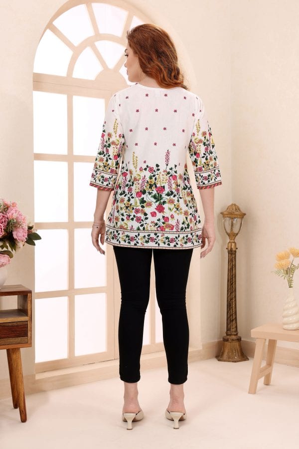 Cream Cotton Short Kurti with Floral Border Print – back view