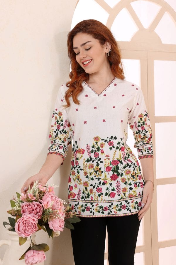 Cream Cotton Short Kurti with Floral Border Print – close-up