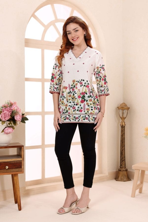Cream Cotton Short Kurti with Floral Border Print – side view