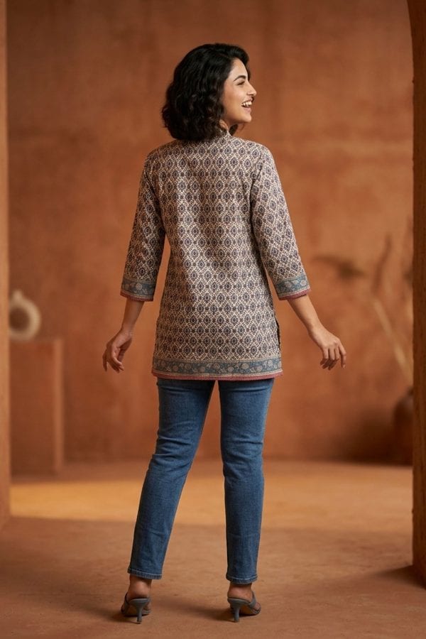 Beige Jaipuri Print Cotton Short Kurti with Band Collar – back view