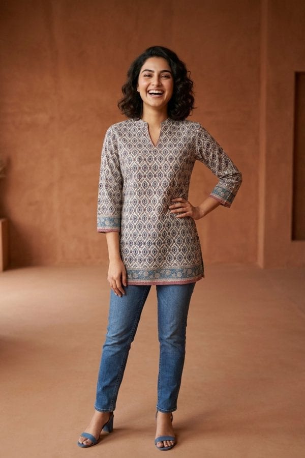 Beige Jaipuri Print Cotton Short Kurti with Band Collar – styled view