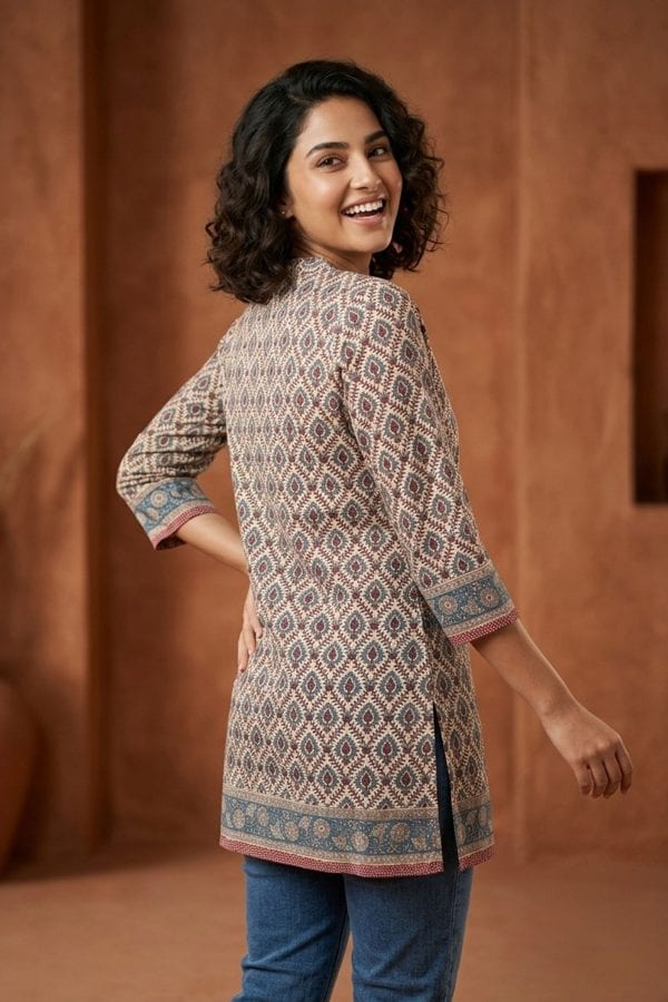 Beige Jaipuri Print Cotton Short Kurti with Band Collar – side view