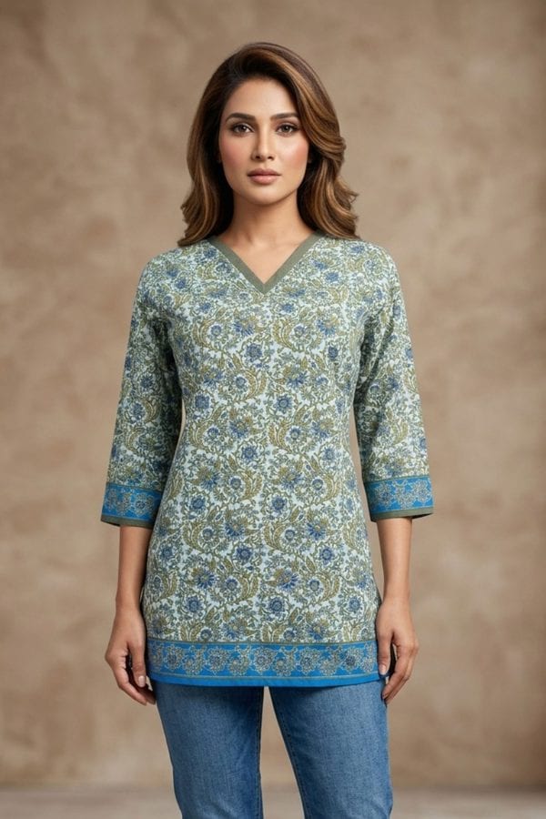 Pista Green V-Neck Jaipuri Print Cotton Short Kurti – front view