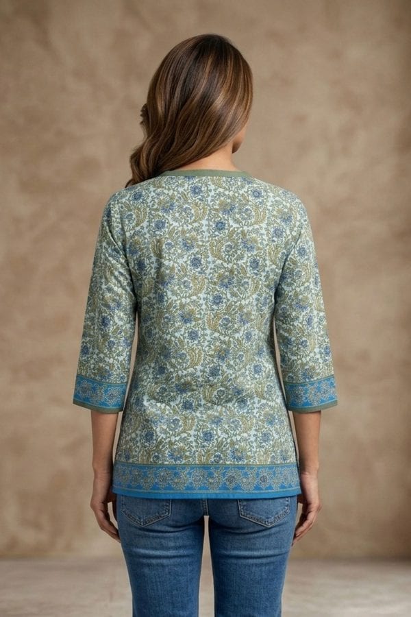 Pista Green V-Neck Jaipuri Print Cotton Short Kurti – back view