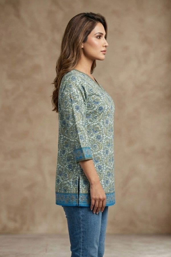 Pista Green V-Neck Jaipuri Print Cotton Short Kurti – side view