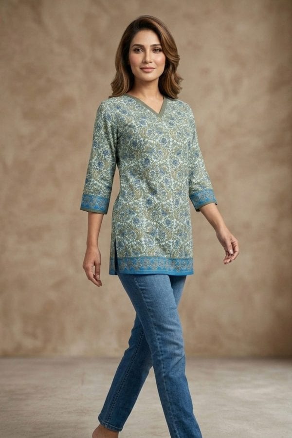 Pista Green V-Neck Jaipuri Print Cotton Short Kurti – detail view