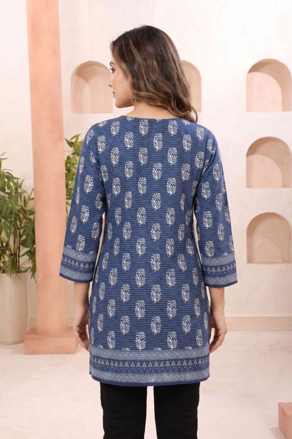 Indigo Cotton Short Kurti with Botanical Block Print – back view