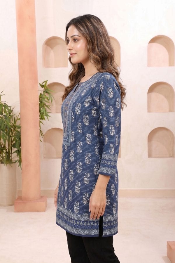 Indigo Cotton Short Kurti with Botanical Block Print – side view