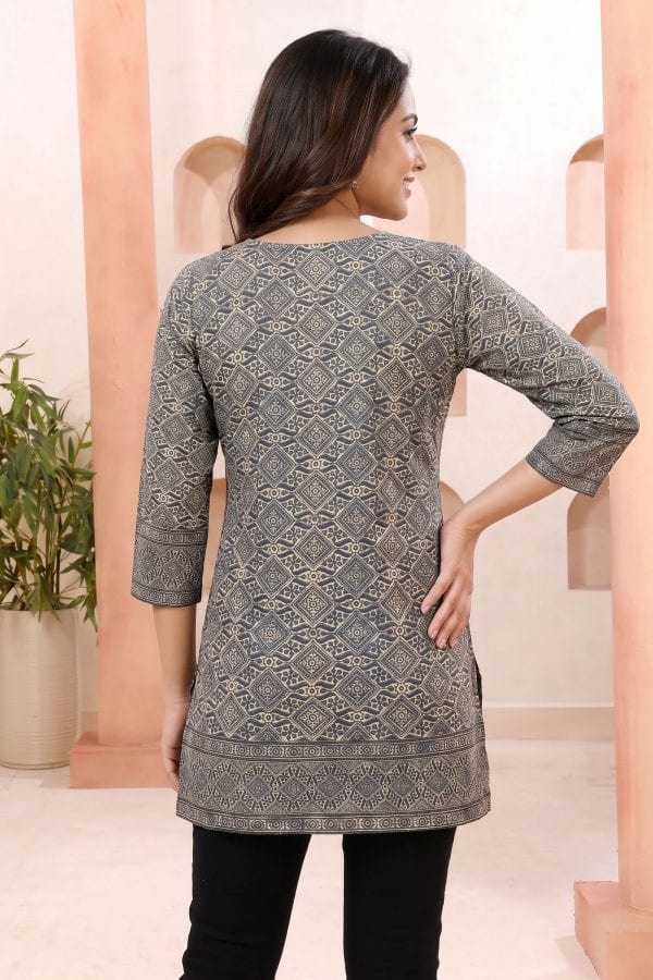Peacock Ajrakh Print Cotton Short Kurti with Front Thread Work – back view