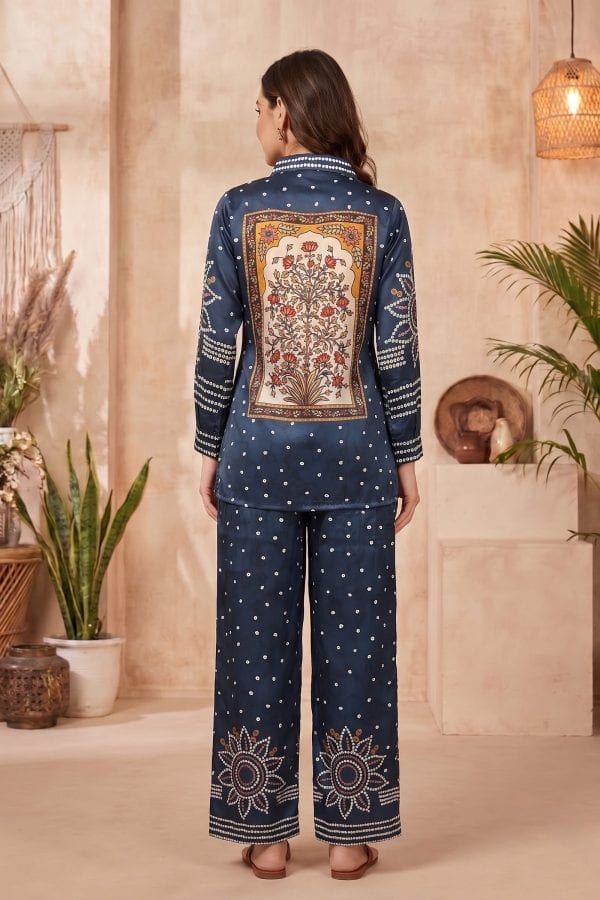 Midnight Blue Modal Crepe Silk Bandhani Print Shirt with Collar – back view