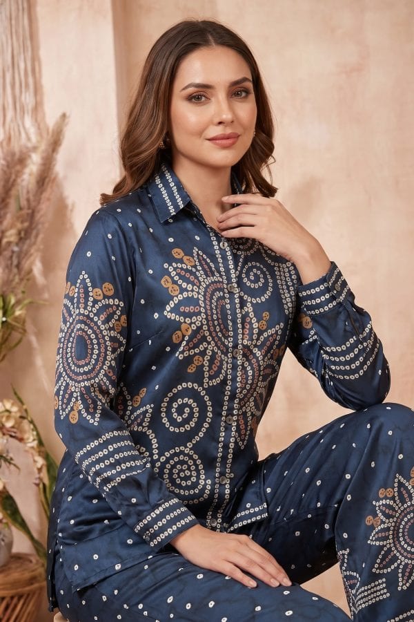Midnight Blue Modal Crepe Silk Bandhani Print Shirt with Collar – styled view