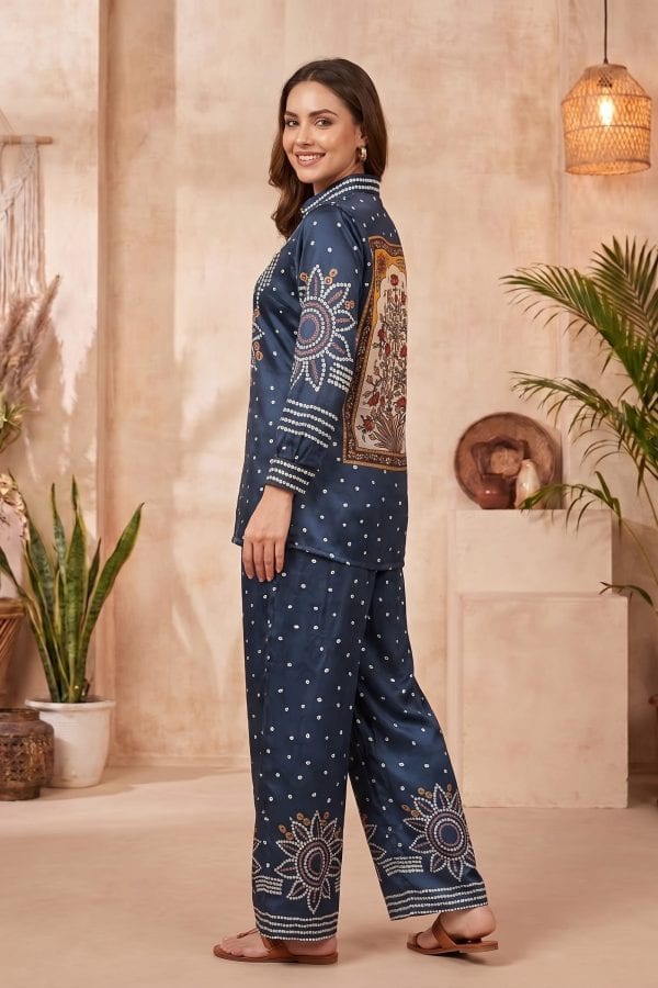 Midnight Blue Modal Crepe Silk Bandhani Print Shirt with Collar – side view