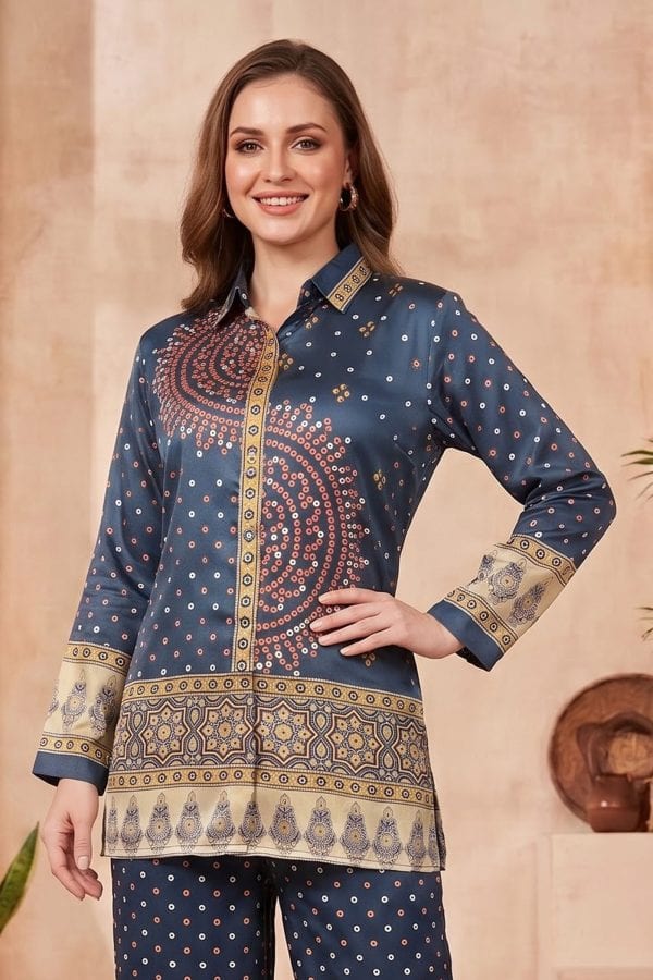 Midnight Navy Modal Crepe Silk Bandhani Shirt with Front Motif – front view