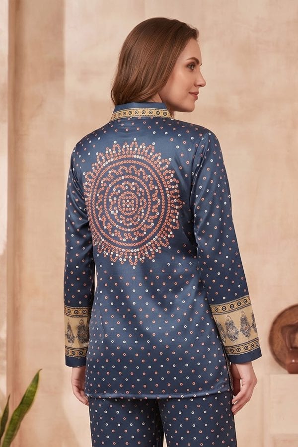 Midnight Navy Modal Crepe Silk Bandhani Shirt with Front Motif – back view