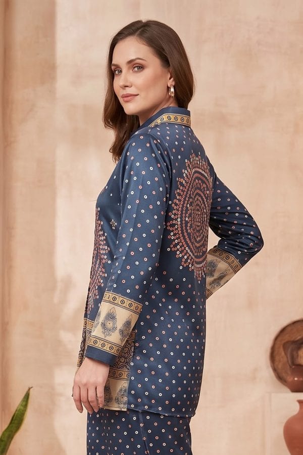 Midnight Navy Modal Crepe Silk Bandhani Shirt with Front Motif – side view