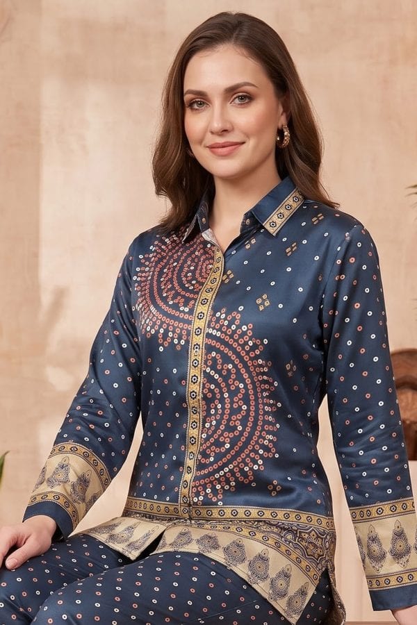 Midnight Navy Modal Crepe Silk Bandhani Shirt with Front Motif – detail view