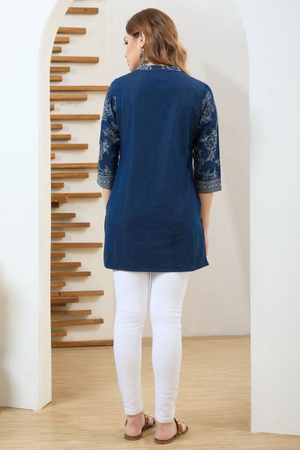 Denim Colour Wash Print Short Tunic with Thread Work – back view