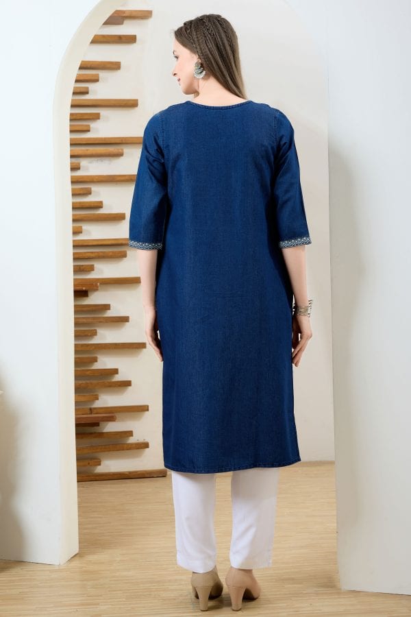 Yoke Print Denim Kurti with Hand Embroidery – back view