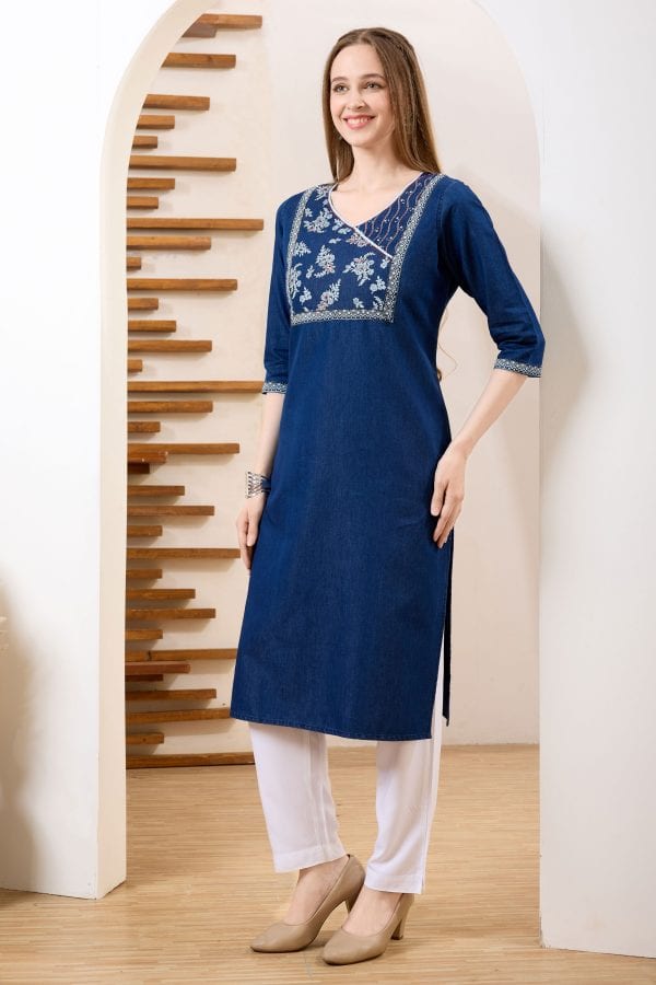 Yoke Print Denim Kurti with Hand Embroidery – side view