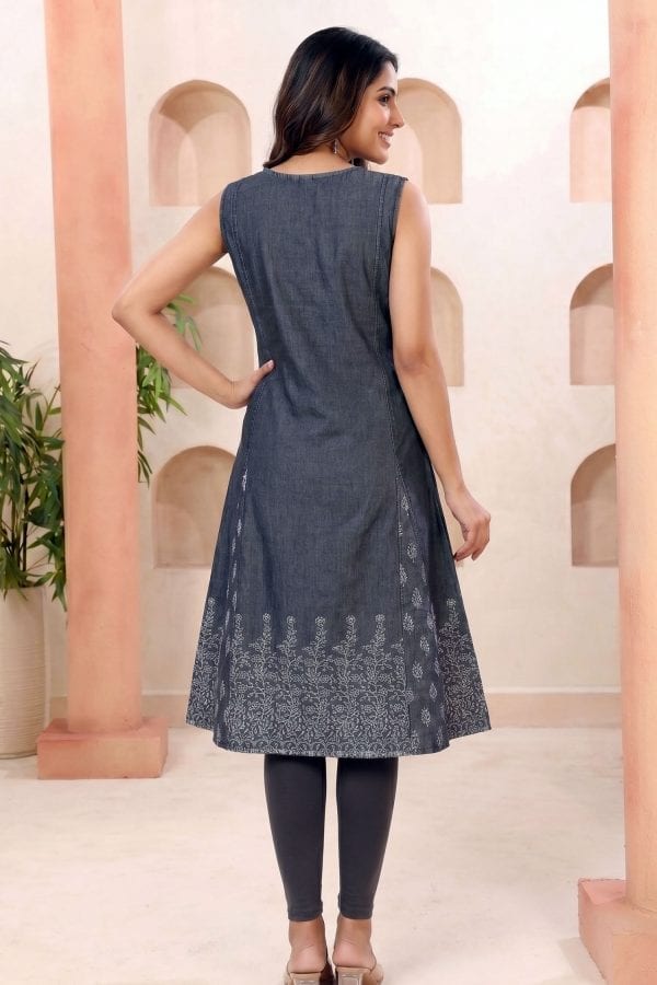 Black Denim Sleeveless Flared Kurti with Thread Work – back view