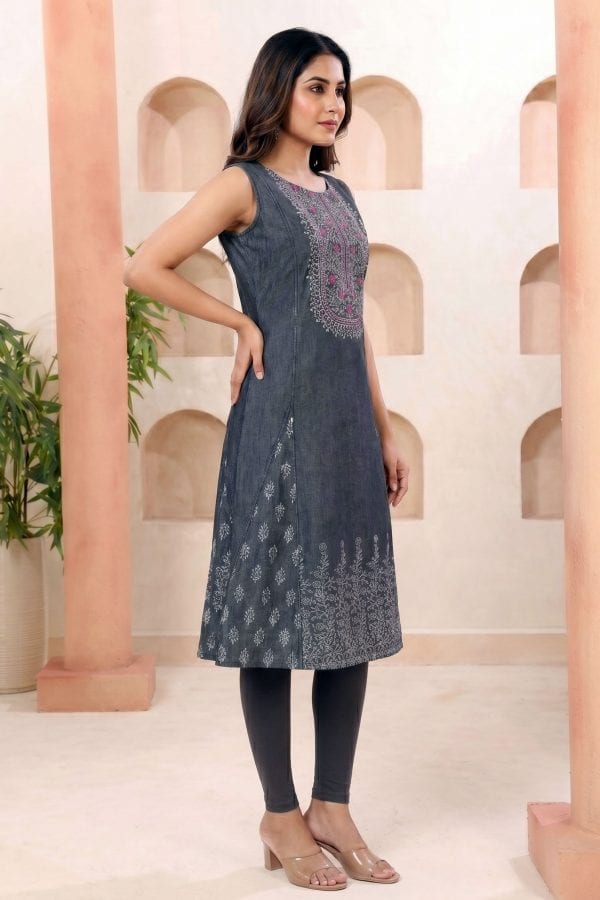 Black Denim Sleeveless Flared Kurti with Thread Work – side view
