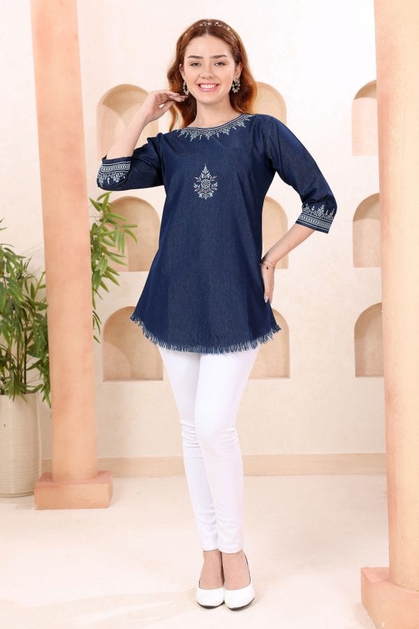 Boat Neck Denim Tunic with Hand Embroidery – front view