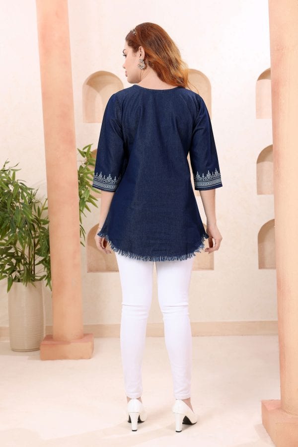 Boat Neck Denim Tunic with Hand Embroidery – back view