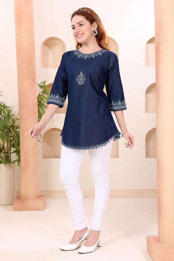 Boat Neck Denim Tunic with Hand Embroidery – side view
