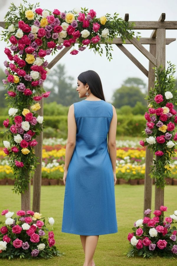 Light Blue Denim Dress with Print and Embellishment – back view