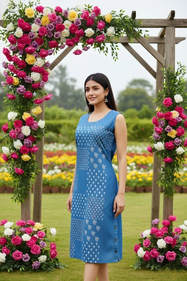 Light Blue Denim Dress with Print and Embellishment – styled view