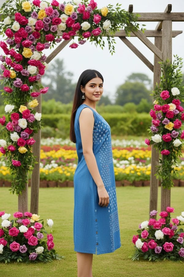 Light Blue Denim Dress with Print and Embellishment – side view