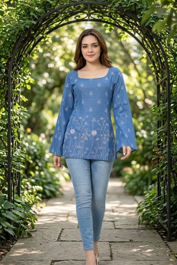 Body Fit Denim Kurti Top with Bell Sleeves – front view
