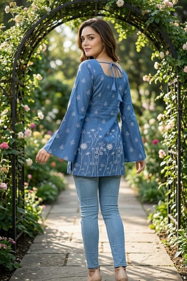 Body Fit Denim Kurti Top with Bell Sleeves – back view